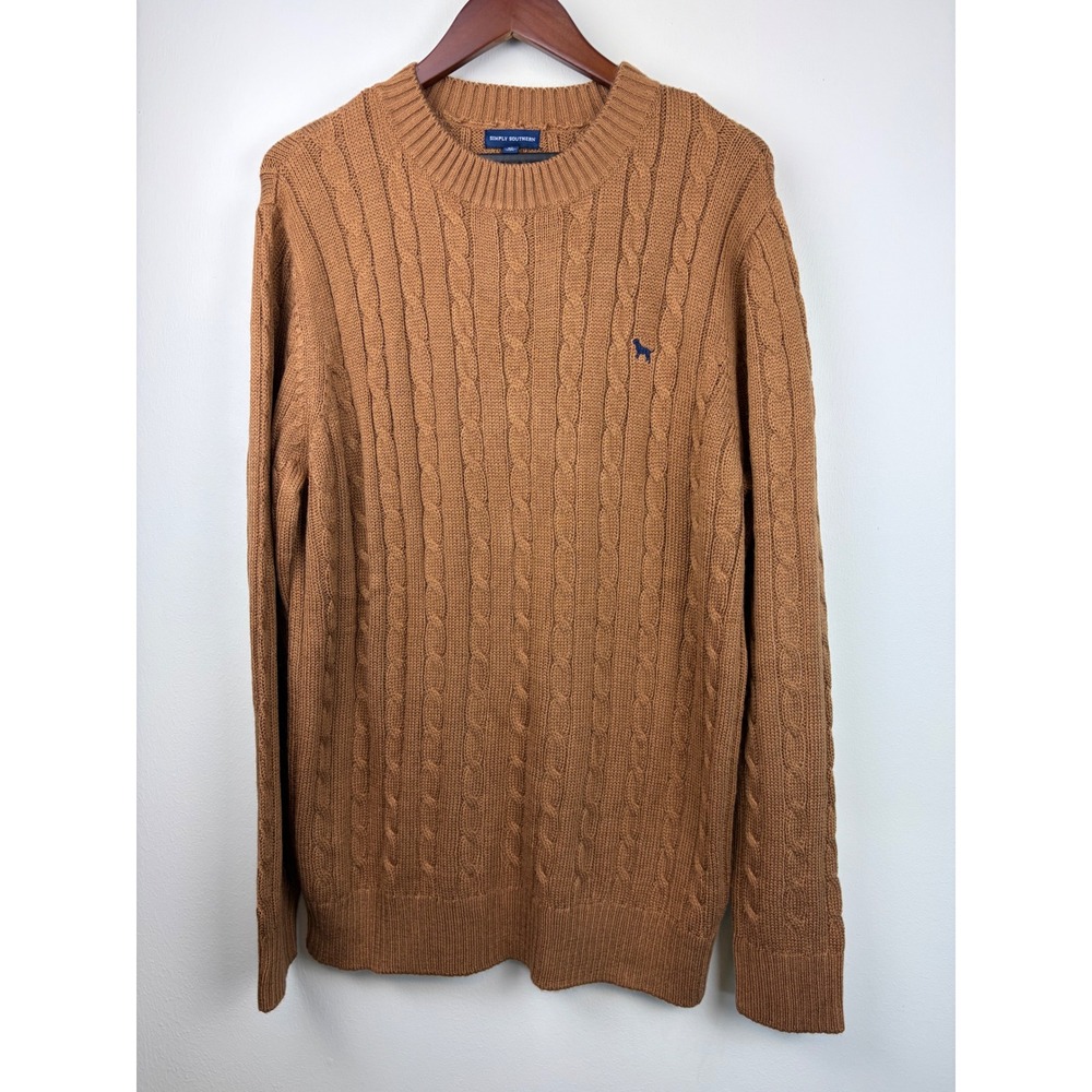 Simply Southern Cable Knit‎ Sweater Mens XL Brown Preppy Crewneck Pullover Logo